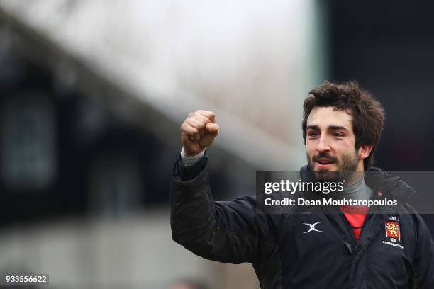 Bertrand Billi of Belgium celebrates victory after the Rugby World Cup 2019 Europe Qualifier match between Belgium and Spain held at Little Heysel...