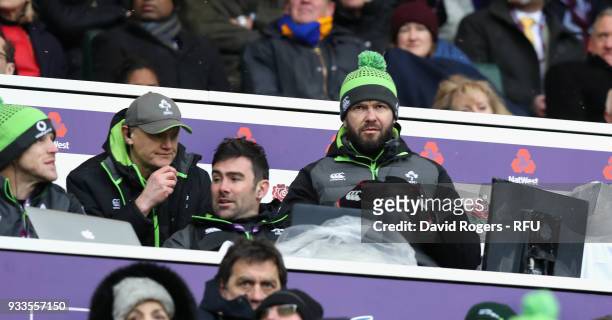Andy Farrell, the Ireland defence coach looks on during the NatWest Six Nations match between England and Ireland at Twickenham Stadium on March 17,...