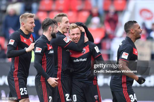 Players of Ingolstadt celebrate their teams fourth goal during the Second Bundesliga match between FC Ingolstadt 04 and SG Dynamo Dresden at Audi...