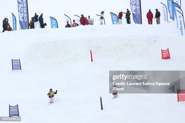 Perrine Laffont of France takes 2nd place, Justine Dufour-lapointe of Canada takes 3rd place during the FIS Freestyle Ski World Cup Men's and Women's...