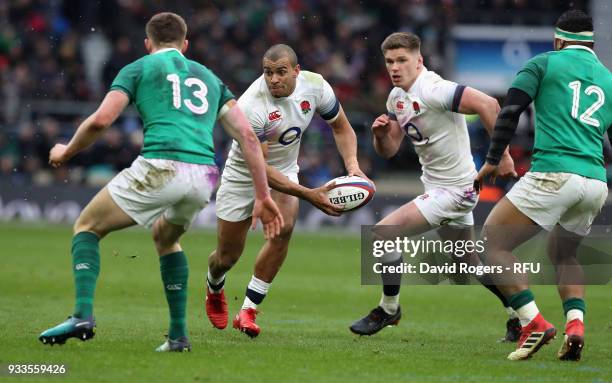 Jonathan Joseph of England charges upfield during the NatWest Six Nations match between England and Ireland at Twickenham Stadium on March 17, 2018...