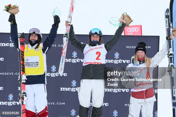 Jaelin Kauf of USA takes 1st place, Perrine Laffont of France takes 2nd place, Justine Dufour-lapointe of Canada takes 3rd place during the FIS...