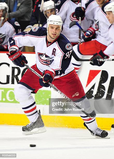 Rostislav Klesla of the Columbus Blue Jackets skates against the Nashville Predators on November 21, 2009 at the Sommet Center in Nashville,...