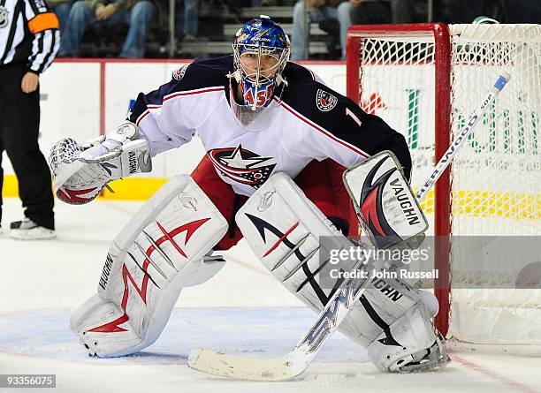 Steve Mason of the Columbus Blue Jackets eyes the play against the Nashville Predators on November 21, 2009 at the Sommet Center in Nashville,...