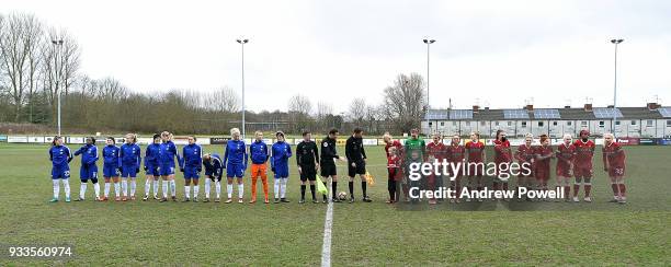 Liverpool Ladies and Chelsea Ladies before the SSE Women's FA Cup Quarter Final match between Liverpool Ladies and Chelsea Ladies at Prescot Cables...