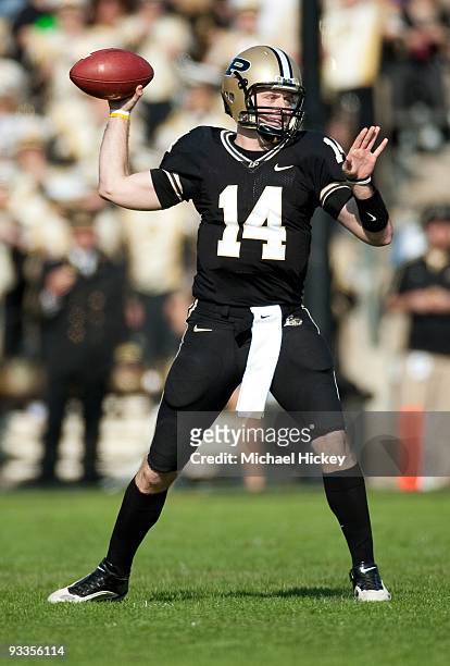 Joey Elliott of the Purdue Boilermakers seen during action against the Michigan State Spartans at Ross-Ade Stadium on November 14, 2009 in West...