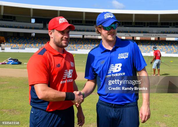 Steven Mullaney of North and Sam Northeast of South at the start of the ECB North v South Series match One at Kensington Oval on March 18, 2018 in...