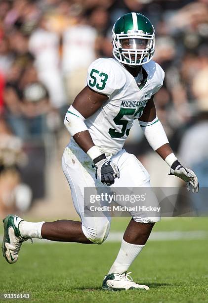 Greg Jones of the Michigan State Spartans seen during action against the Purdue Boilermakers at Ross-Ade Stadium on November 14, 2009 in West...