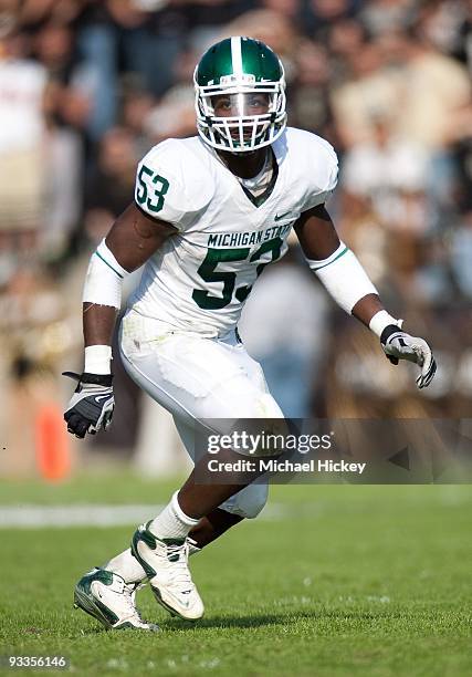 Greg Jones of the Michigan State Spartans seen during action against the Purdue Boilermakers at Ross-Ade Stadium on November 14, 2009 in West...