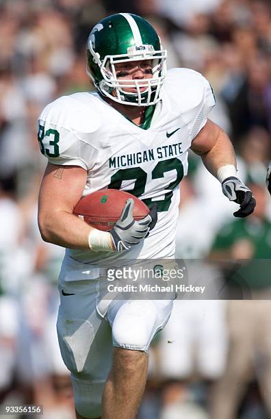 Charlie Gantt of the Michigan State Spartans runs the ball during action against the Purdue Boilermakers at Ross-Ade Stadium on November 14, 2009 in...