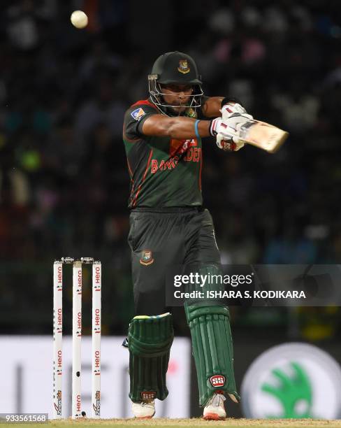 Bangladeshi cricketer Sabbir Rahman plays a shot during the final Twenty20 international cricket match between Bangladesh and India of the Nidahas...