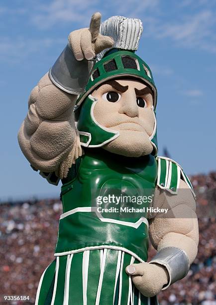 Sparty the Spartan mascot of Michigan State University seen during action against the Purdue Boilermakers at Ross-Ade Stadium on November 14, 2009 in...