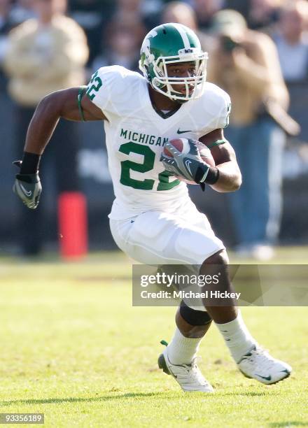 Larry Caper of the Michigan State Spartans runs the ball during action against the Purdue Boilermakers at Ross-Ade Stadium on November 14, 2009 in...