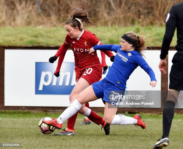 Caroline Weir of Liverpool Ladies competes wuth Erin Cuthbert of Chelsea Ladies during the SSE Women's FA Cup Quarter Final match between Liverpool...