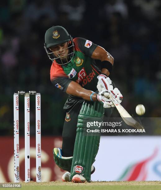 Bangladesh cricketer Sabbir Rahman plays a shot during the final Twenty20 international cricket match between Bangladesh and India of the Nidahas...