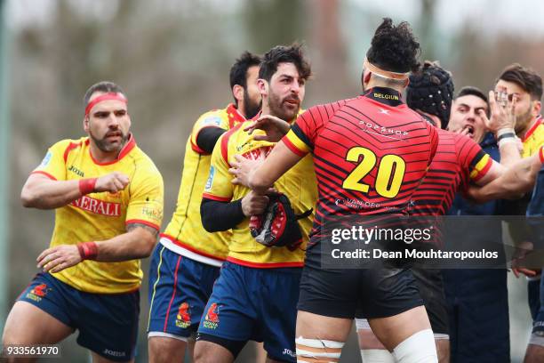Players of Spain and of Belgium confront each other after the Rugby World Cup 2019 Europe Qualifier match between Belgium and Spain held at Little...