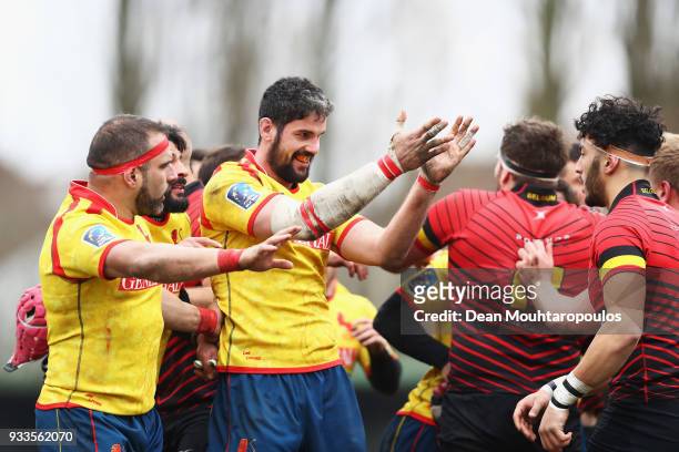 Players of Spain and of Belgium confront each other after the Rugby World Cup 2019 Europe Qualifier match between Belgium and Spain held at Little...