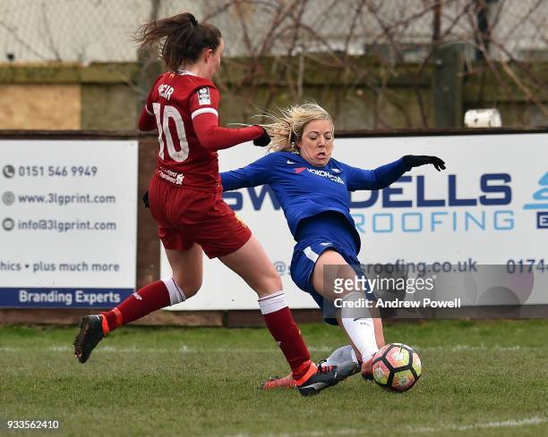 Caroline Weir of Liverpool Ladies competes with Gemma Davison of Chelsea Ladies during the SSE Women's FA Cup Quarter Final match between Liverpool...