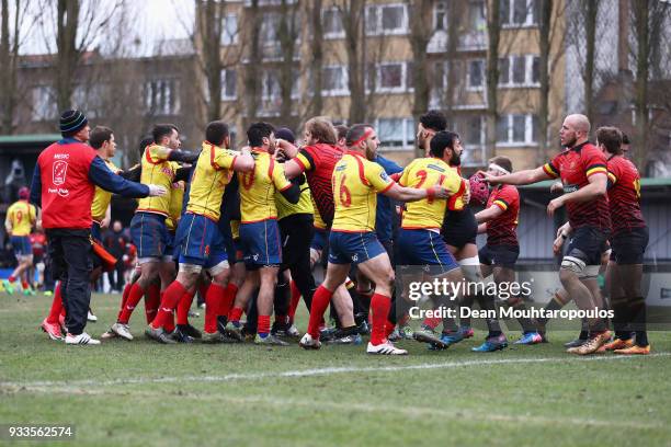 Players of Spain and of Belgium confront each other after the Rugby World Cup 2019 Europe Qualifier match between Belgium and Spain held at Little...