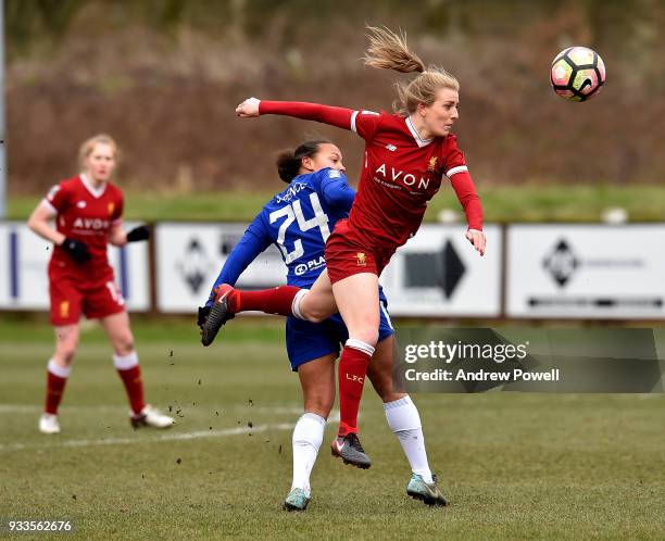 Kate Longhurst of Liverpool Ladies competes with Drew Spence of Chelsea Ladies during the SSE Women's FA Cup Quarter Final match between Liverpool...