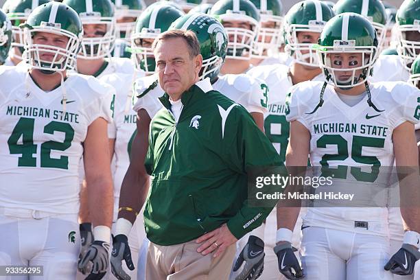 Mark Dantonio head coach of the Michigan State Spartans seen before action against the Purdue Boilermakers at Ross-Ade Stadium on November 14, 2009...