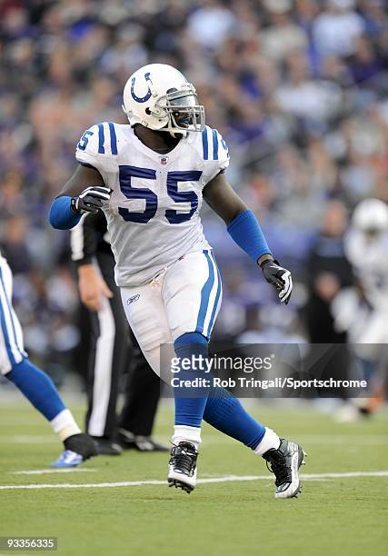 Clint Session of the Indianapolis Colts defends against the Baltimore Ravens at M&T Bank Stadium on November 22, 2009 in Baltimore, Maryland. The...