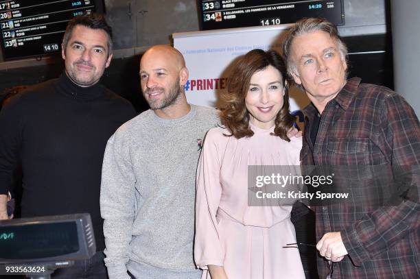 Arnaud Ducret, Franck Gastambide, Elsa Zylberstein and Franck Dubosc attend the 19th "Le Printemps Du Cinema" photocall at the UGC Cine Cite Bercy on...