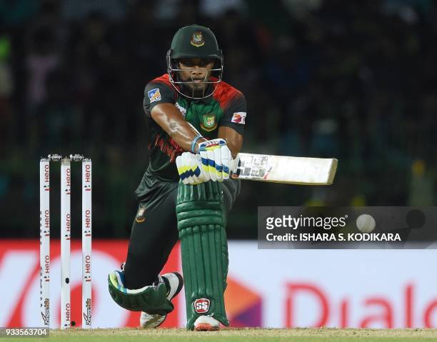 Bangladeshi cricketer Sabbir Rahman plays a shot during the final Twenty20 international cricket match between Bangladesh and India of the Nidahas...