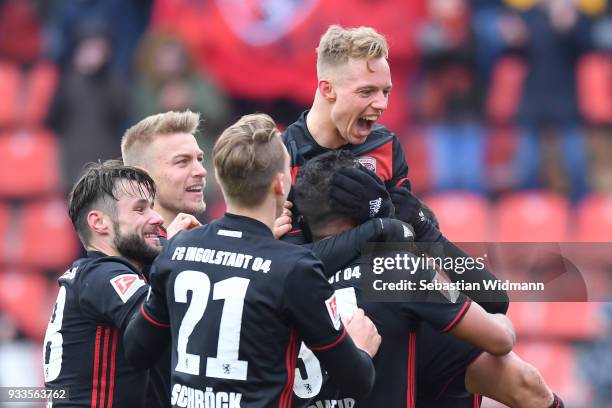 Sonny Kittel of Ingolstadt celebrates with his teammates their fourth goal during the Second Bundesliga match between FC Ingolstadt 04 and SG Dynamo...