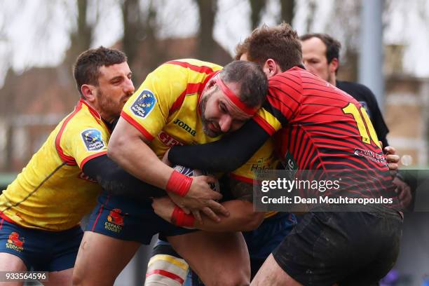 Fernando M Lopez Perez of Spain cant be stopeed by the defence of Belgium to score a try during the Rugby World Cup 2019 Europe Qualifier match...