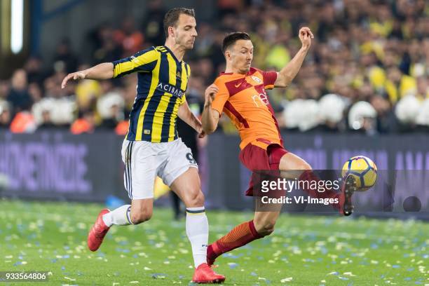 Roberto Soldado of Fenerbahce SK, Martin Linnes of Galatasaray SK during the Turkish Spor Toto Super Lig match Fenerbahce AS and Galatasaray AS at...