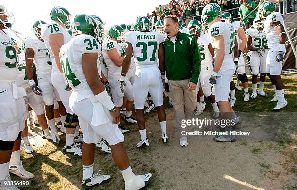 Mark Dantonio head coach of the Michigan State Spartans seen before action against the Purdue Boilermakers at Ross-Ade Stadium on November 14, 2009...