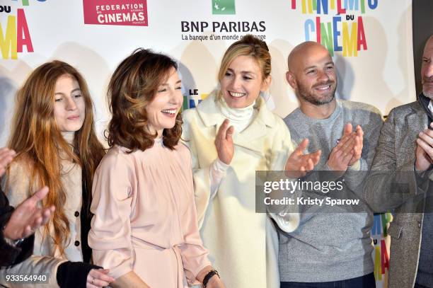 Agathe Bonitzer, Elsa Zylberstein, Julie Gayet and Franck Gastambide celebrate the cutting of the ribbon commencing the 19th "Le Printemps Du Cinema"...