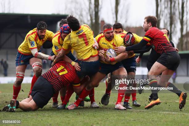 Fernando M Lopez Perez of Spain cant be stopeed by the defence of Belgium to score a try during the Rugby World Cup 2019 Europe Qualifier match...