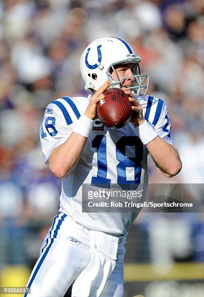 Peyton Manning of the Indianapolis Colts drops back to pass against the Baltimore Ravens at M&T Bank Stadium on November 22, 2009 in Baltimore,...