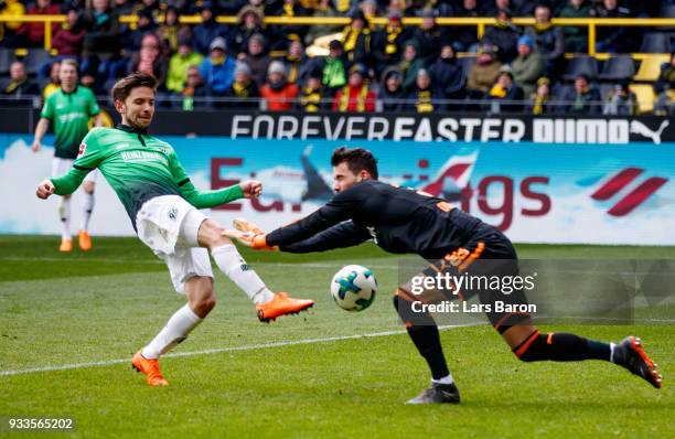 Julian Korb of Hannover scores an offside goal against Roman Buerki of Dortmund during the Bundesliga match between Borussia Dortmund and Hannover 96...