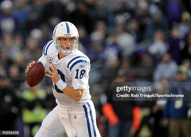 Peyton Manning of the Indianapolis Colts drops back to pass against the Baltimore Ravens at M&T Bank Stadium on November 22, 2009 in Baltimore,...