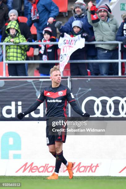 Sonny Kittel of Ingolstadt celebrates after scoring his teams third goal during the Second Bundesliga match between FC Ingolstadt 04 and SG Dynamo...