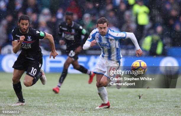 Huddersfield Town's Chris Lowe and Crystal Palace's Andros Townsend during the Premier League match between Huddersfield Town and Crystal Palace at...