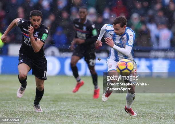 Huddersfield Town's Chris Lowe and Crystal Palace's Andros Townsend during the Premier League match between Huddersfield Town and Crystal Palace at...