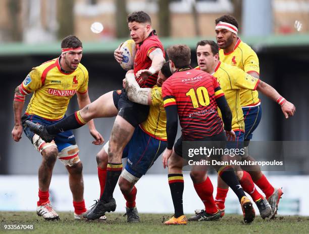 Charles Reynaert of Belgium is stopped during the Rugby World Cup 2019 Europe Qualifier match between Belgium and Spain held at Little Heysel next to...