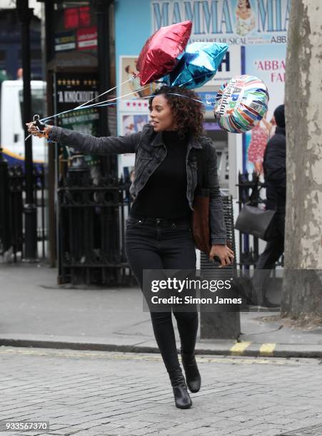 Rochelle Humes seen arriving to Global Media for Marvin Humes birthday with balloons on March 18, 2018 in London, England.