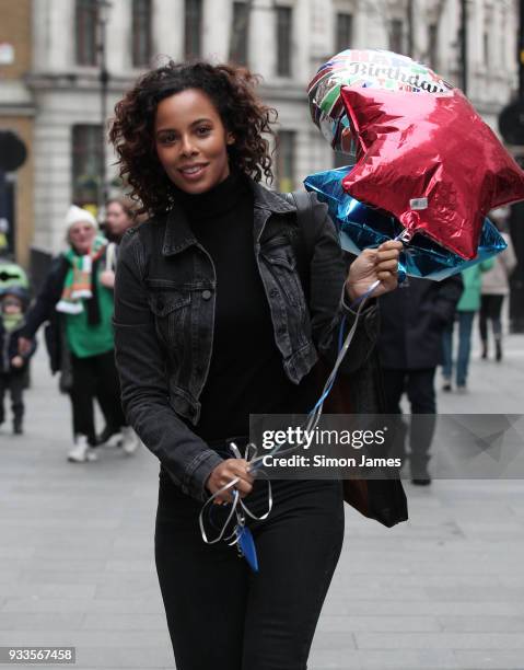 Rochelle Humes seen arriving to Global Media for Marvin Humes birthday with balloons on March 18, 2018 in London, England.