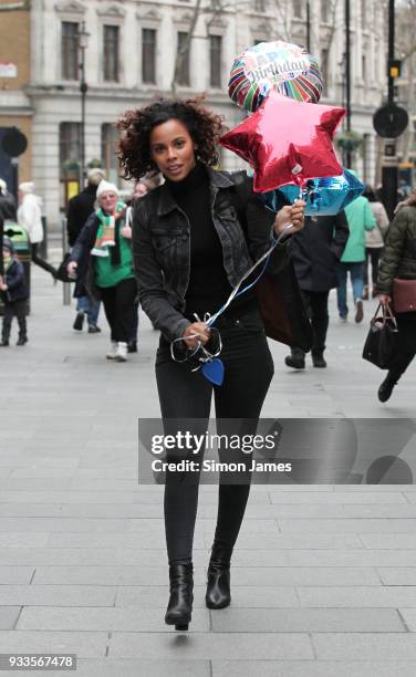 Rochelle Humes seen arriving to Global Media for Marvin Humes birthday with balloons on March 18, 2018 in London, England.