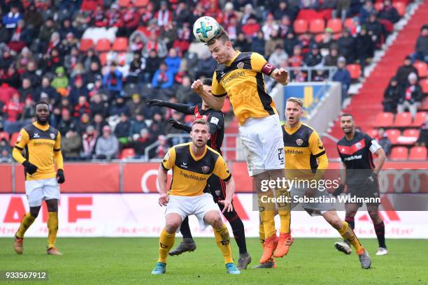 Florian Ballas of Dresden jumps for a header during the Second Bundesliga match between FC Ingolstadt 04 and SG Dynamo Dresden at Audi Sportpark on...