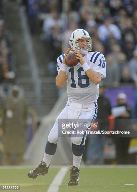Peyton Manning of the Indianapolis Colts drops back to pass against the Baltimore Ravens at M&T Bank Stadium on November 22, 2009 in Baltimore,...