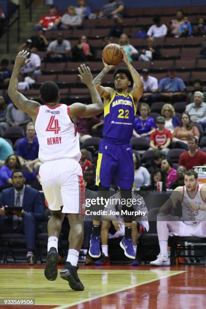 Michael Gbinije of the Santa Cruz Warriors shoots the ball against Memphis Hustle during an NBA G-League game on March 10, 2018 at Landers Center in...