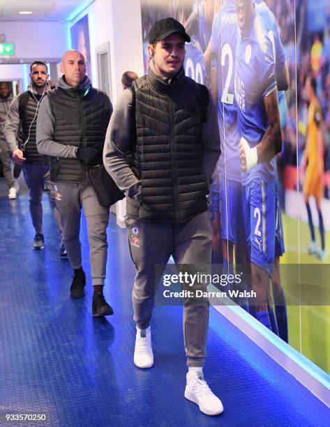 Alvaro Morata of Chelsea arrives prior to The Emirates FA Cup Quarter Final match between Leicester City and Chelsea at The King Power Stadium on...