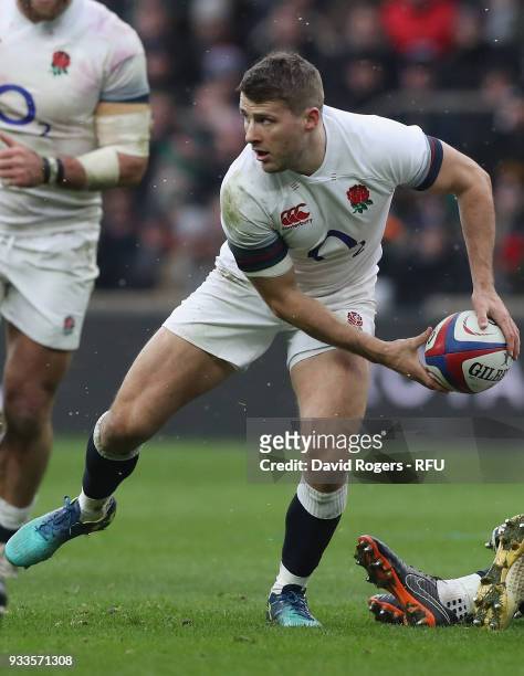 Richard Wigglesworth of England passes the ball during the NatWest Six Nations match between England and Ireland at Twickenham Stadium on March 17,...