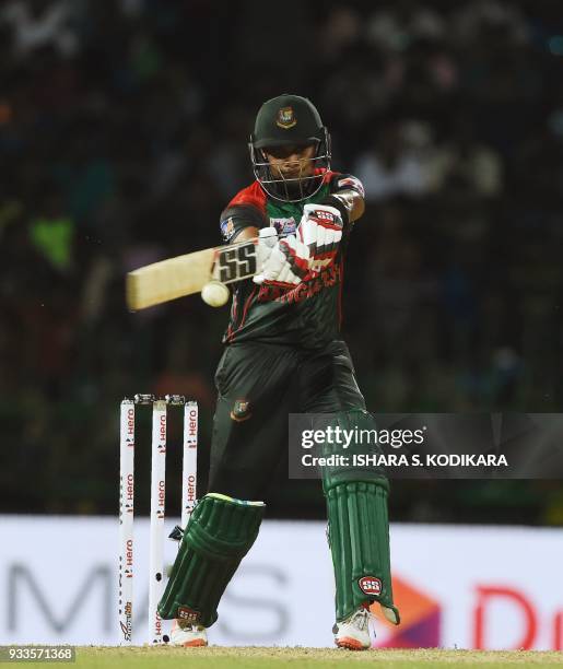 Bangladeshi cricketer Sabbir Rahman plays a shot during the final Twenty20 international cricket match between Bangladesh and India of the Nidahas...